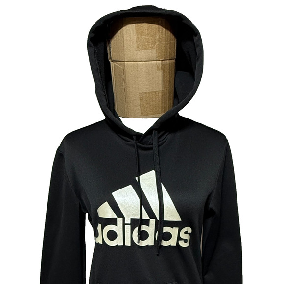 Adidas Hoodie Womens Medium Black White Aeroready Fleece Lined Logo Spellout - Picture 1 of 14